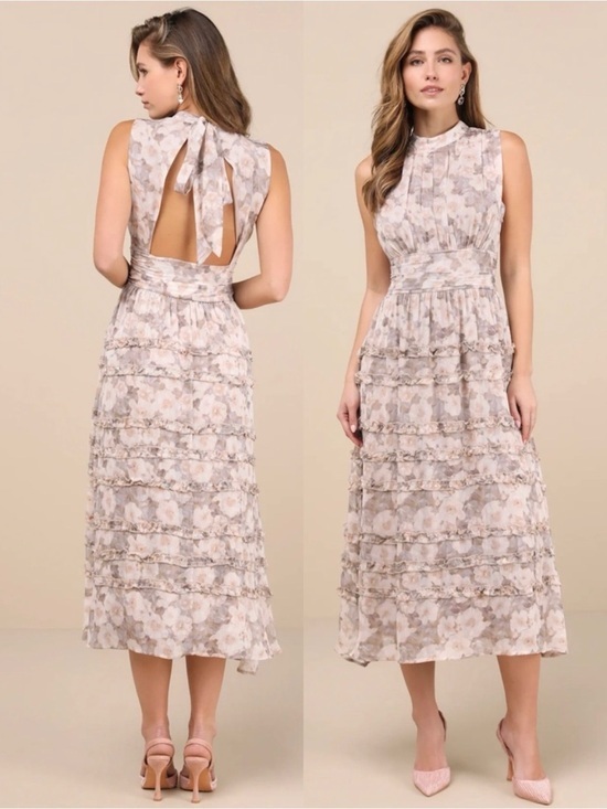 Lulus Dresses & Skirts - NWT Lulu’s Happily Sweet Beige Floral Mock Neck Backless Midi Dress Large Chic